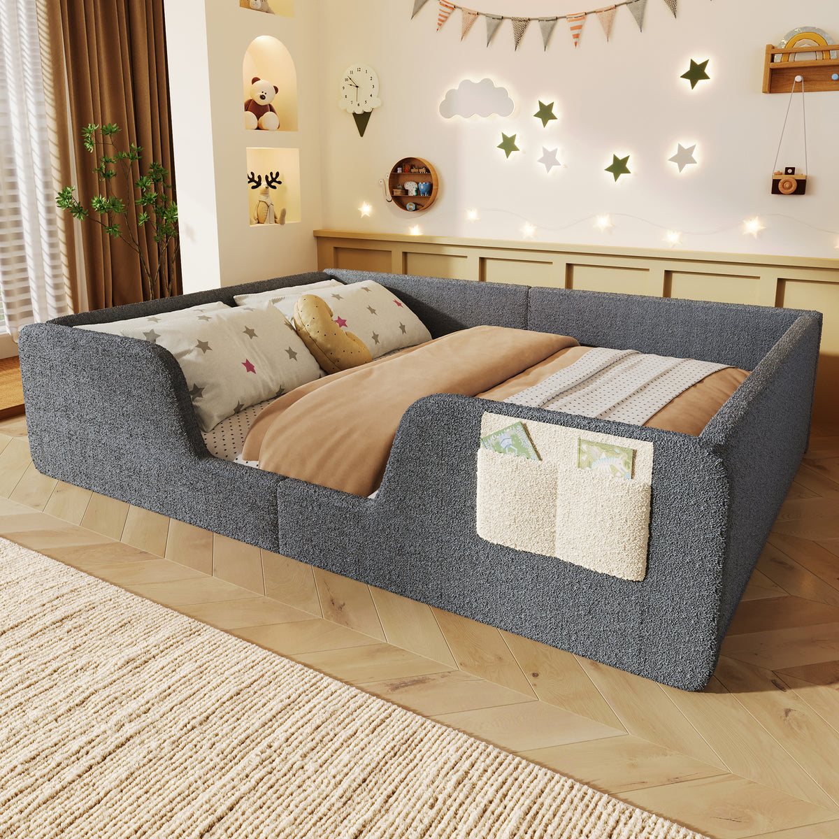 Upholstered Bed 140x190cm with Safety Rails, Grey Velvet