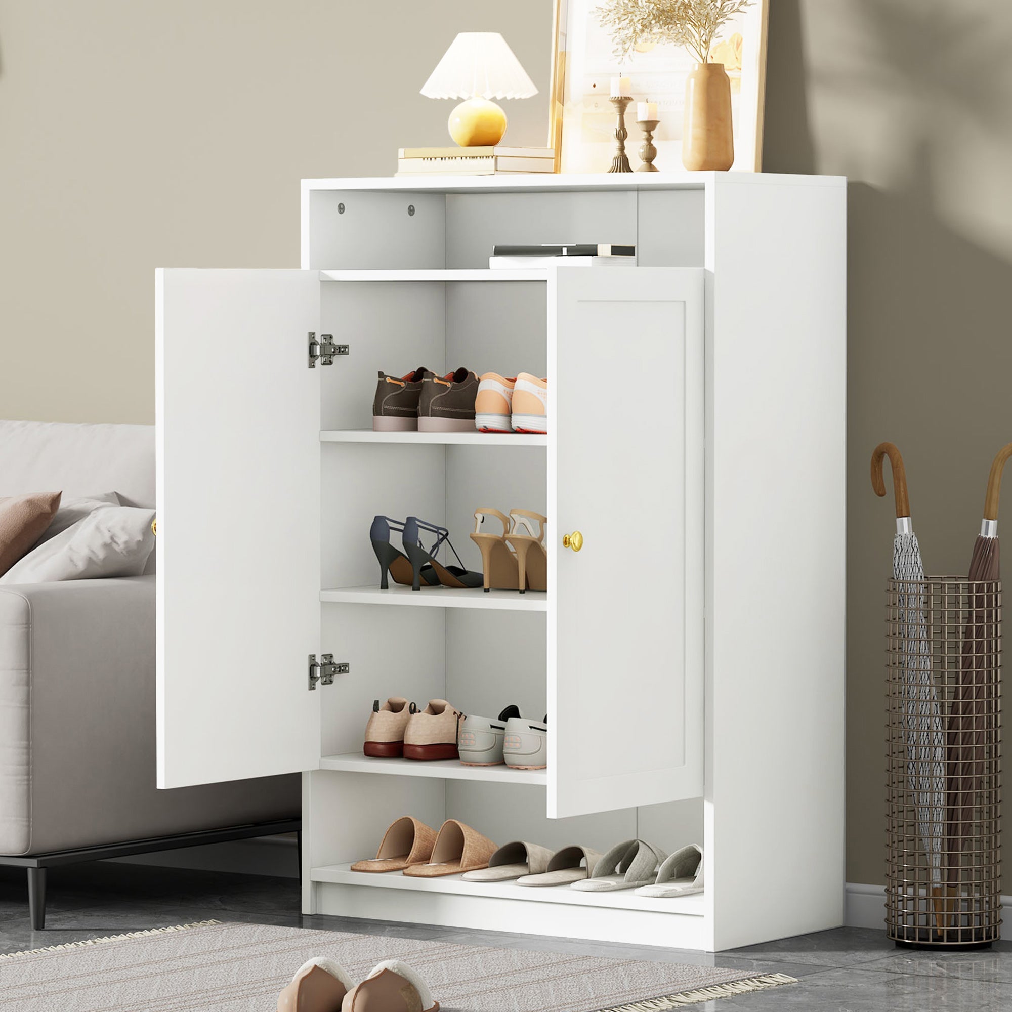 Modern shoe cabinet with adjustable shelves and 2 doors, white