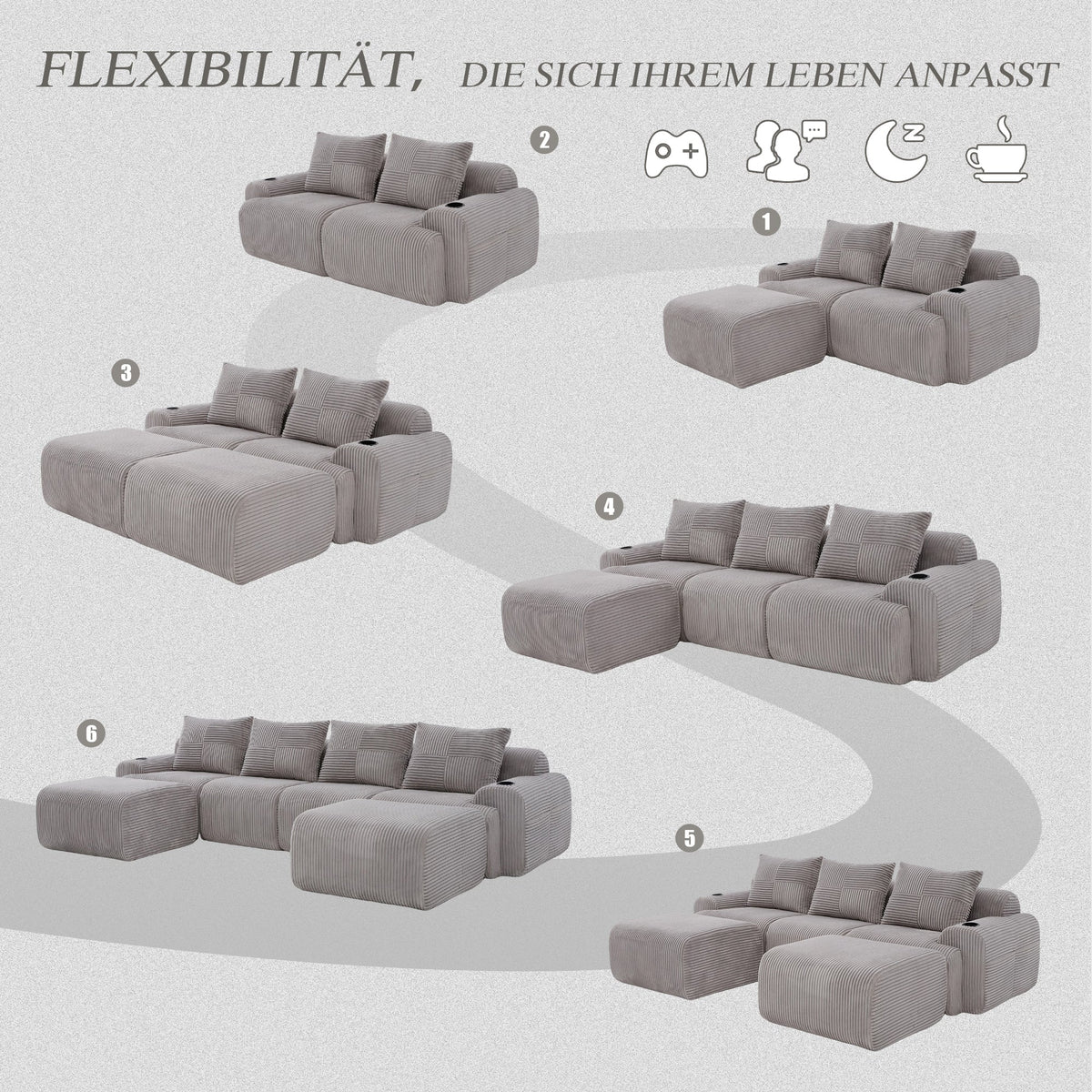 Modular Sofa - 4 Seater 2 Ottomans Cup Holders Storage Corduroy - Light Grey