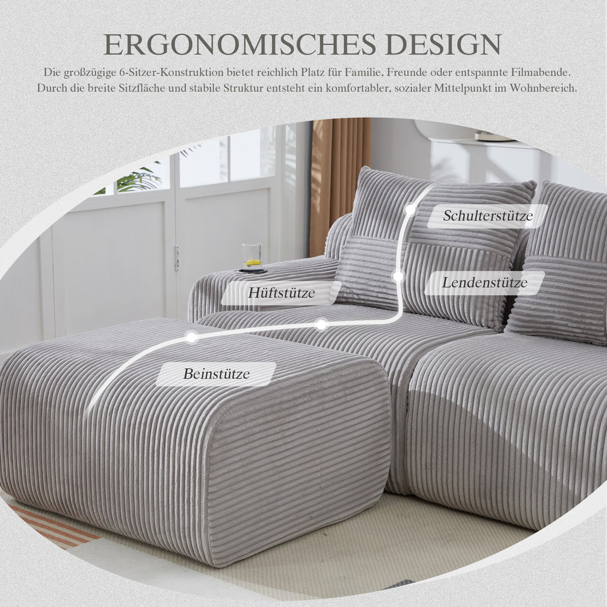 Modular Sofa for 2 People, Freely Combinable with Ottomans and Cup Holder, Light Grey Corduroy