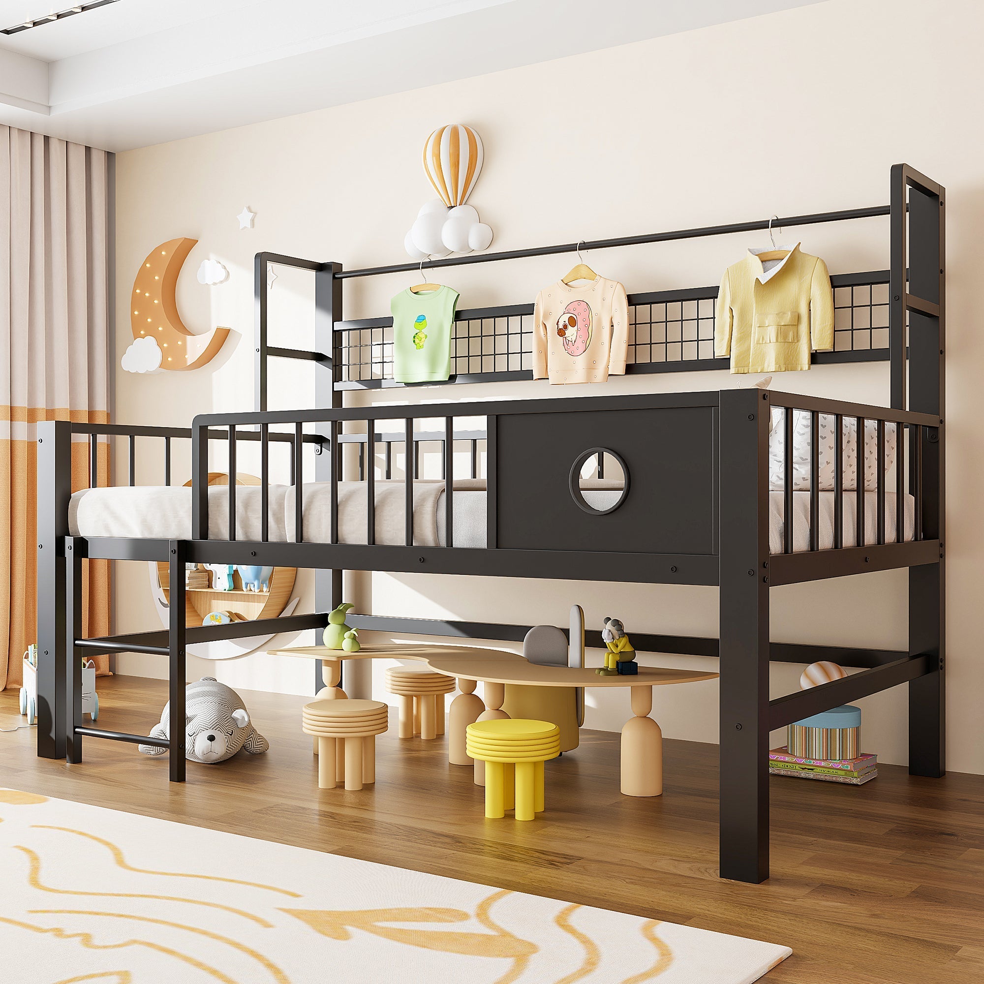 Low Loft Bed with Storage Compartments, 90x200cm, Black Metal
