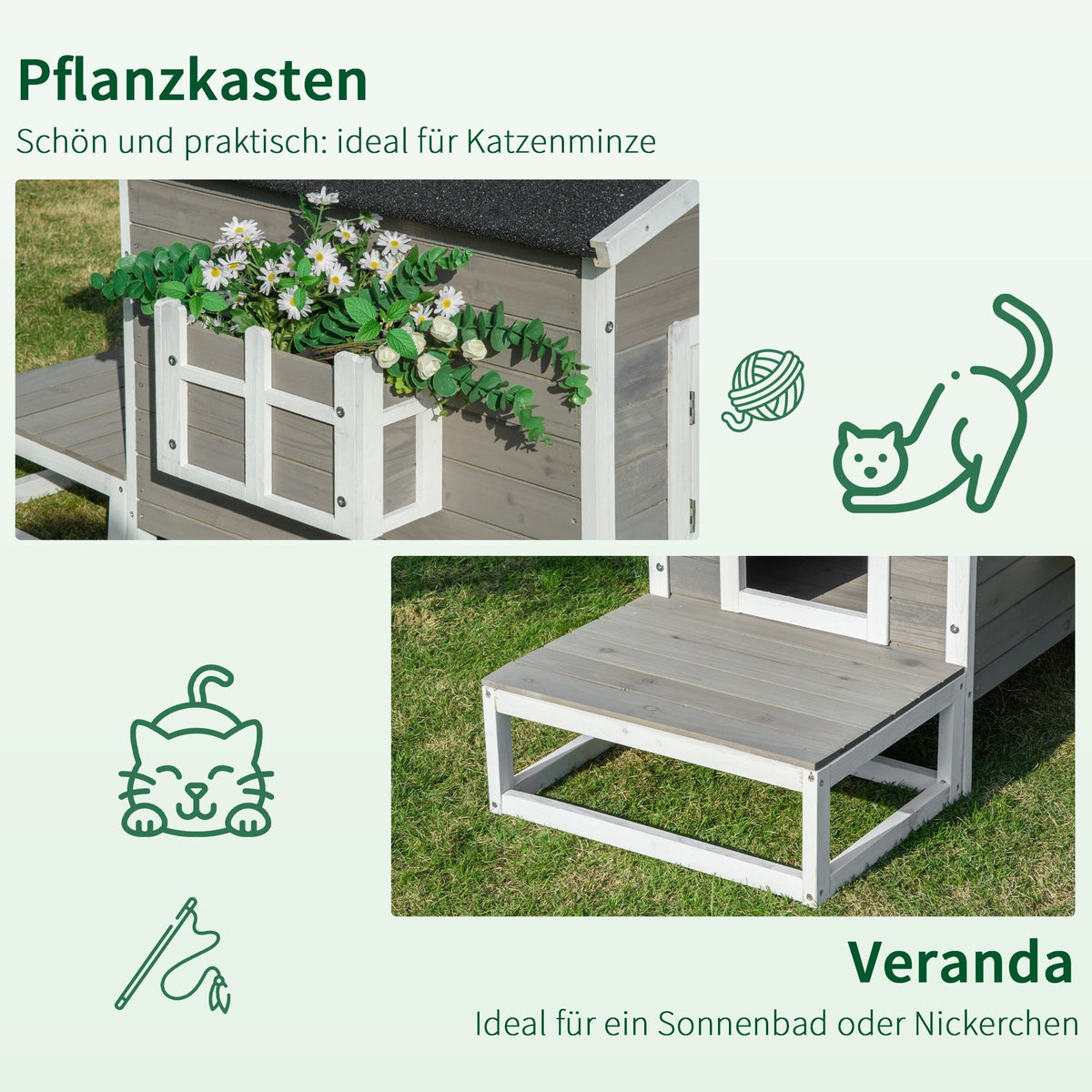 Cat House/Hut with Terrace & Balcony Fir Wood Grey & White