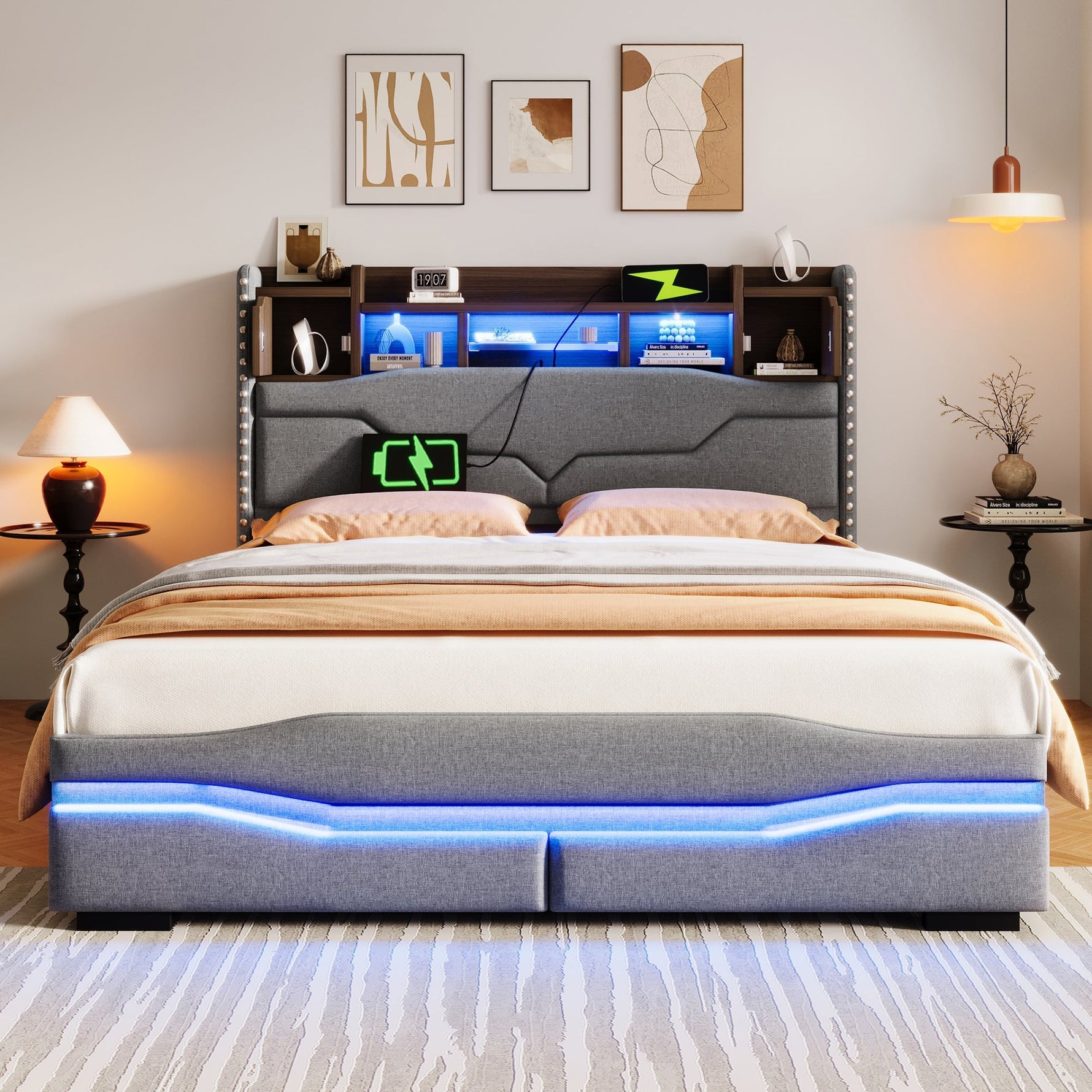 Upholstered Bed with USB-C Charging, LED Ambient Lighting and Hydraulic Storage, Grey