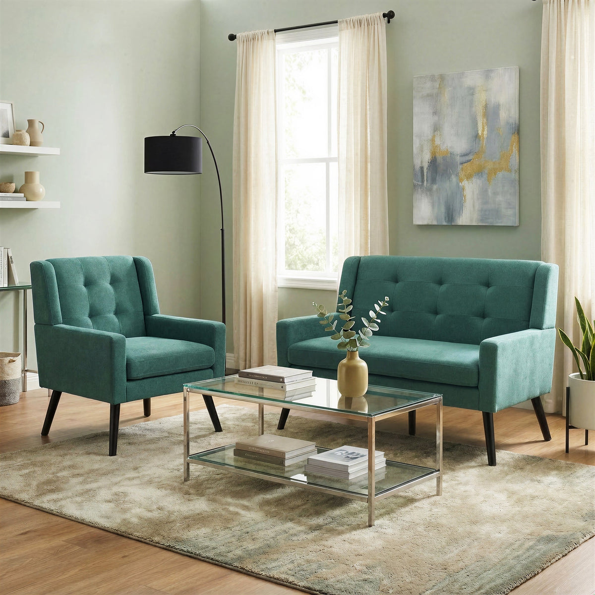 2-Piece Accent Armchair Set with High-Density Foam and Solid Wood Legs, Durable Fabric