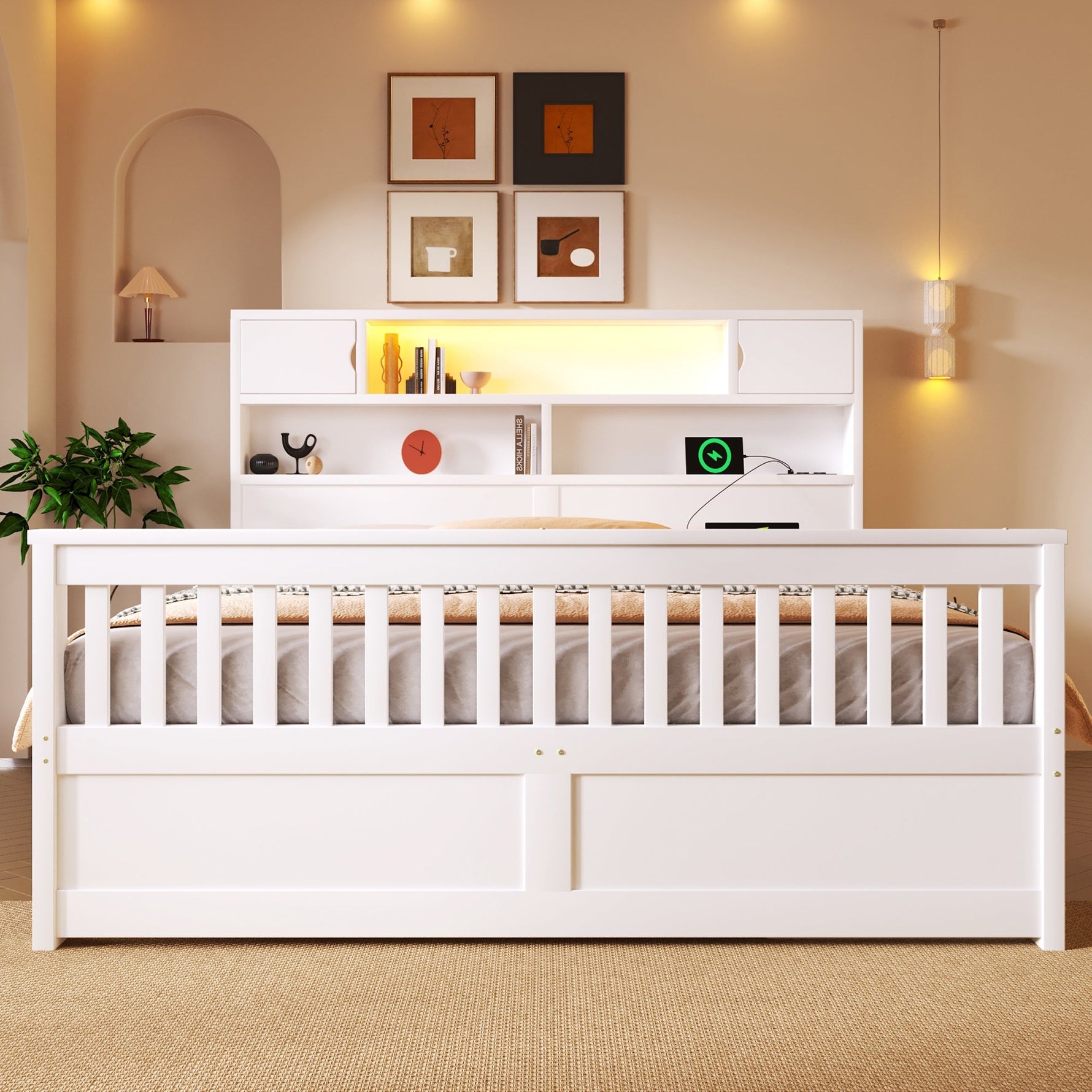 Platform Bed Frame with Storage Shelves, LED, USB and 4 Drawers, 160x200cm, White