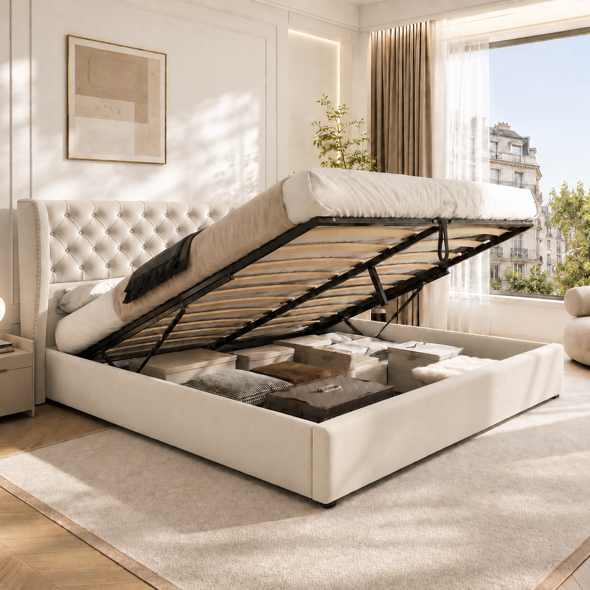 Upholstered Bed 180x200cm Hydraulic Storage, Beige Velvet