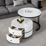 Elegant 2-Piece Nesting Coffee Table Set, Round High-Gloss Marble Look with 2 Drawers, White