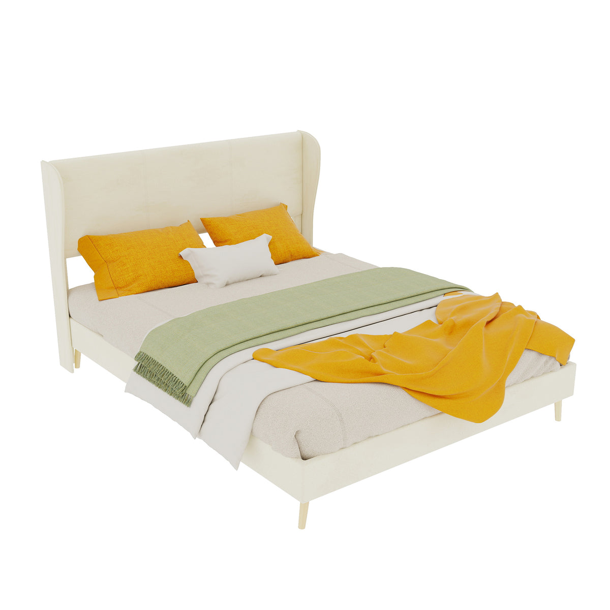 Upholstered Bed with Soft Headboard & Mattress, 140x200 cm, Beige