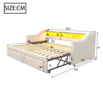 Upholstered Extendable Sofa Bed 90/180x190cm Storage LED USB - Beige