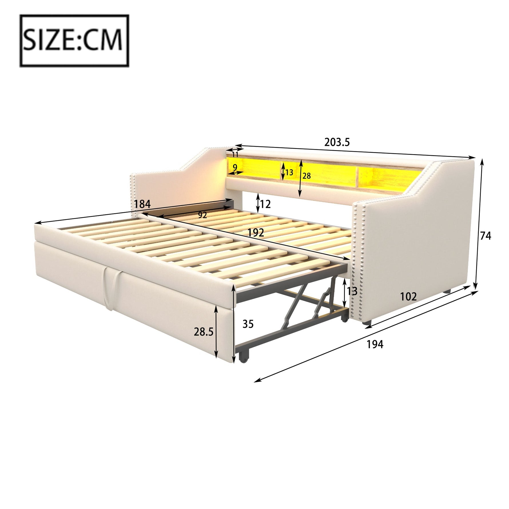 Upholstered Extendable Sofa Bed 90/180x190cm Storage LED USB - Beige