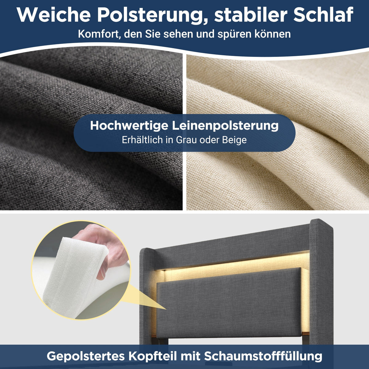Upholstered Bed 90x200cm Hydraulic Storage Headboard with USB/Type-C & LED Grey Linen