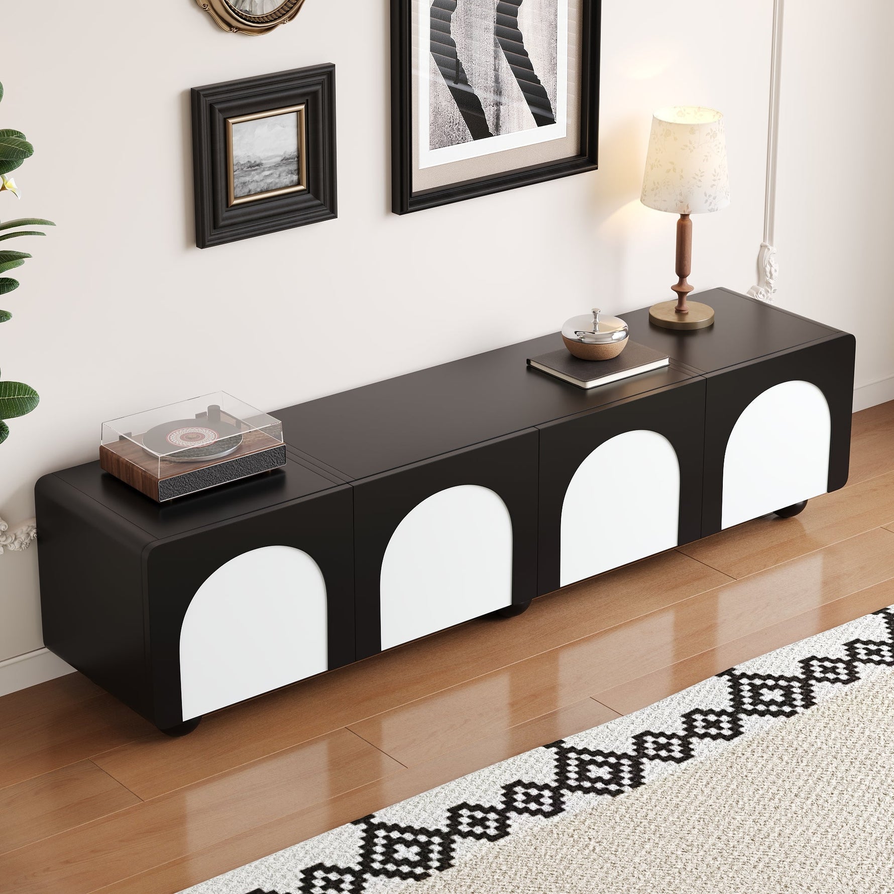 TV Cabinet Low 180cm 2 Drawers 2 Doors Black and White
