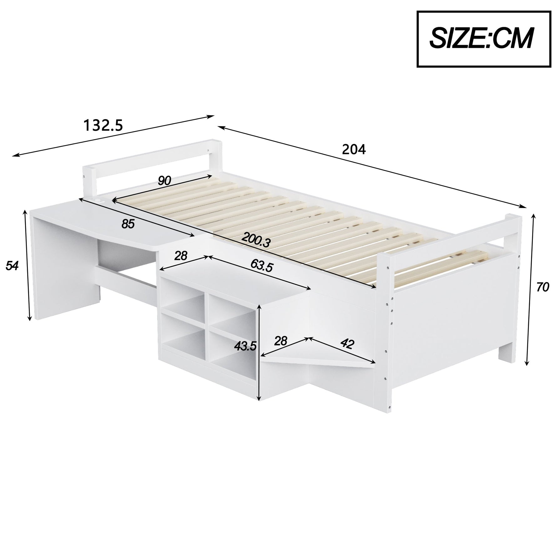 Children's Bed 90x200cm, Storage & Desk with Sockets, Wooden White