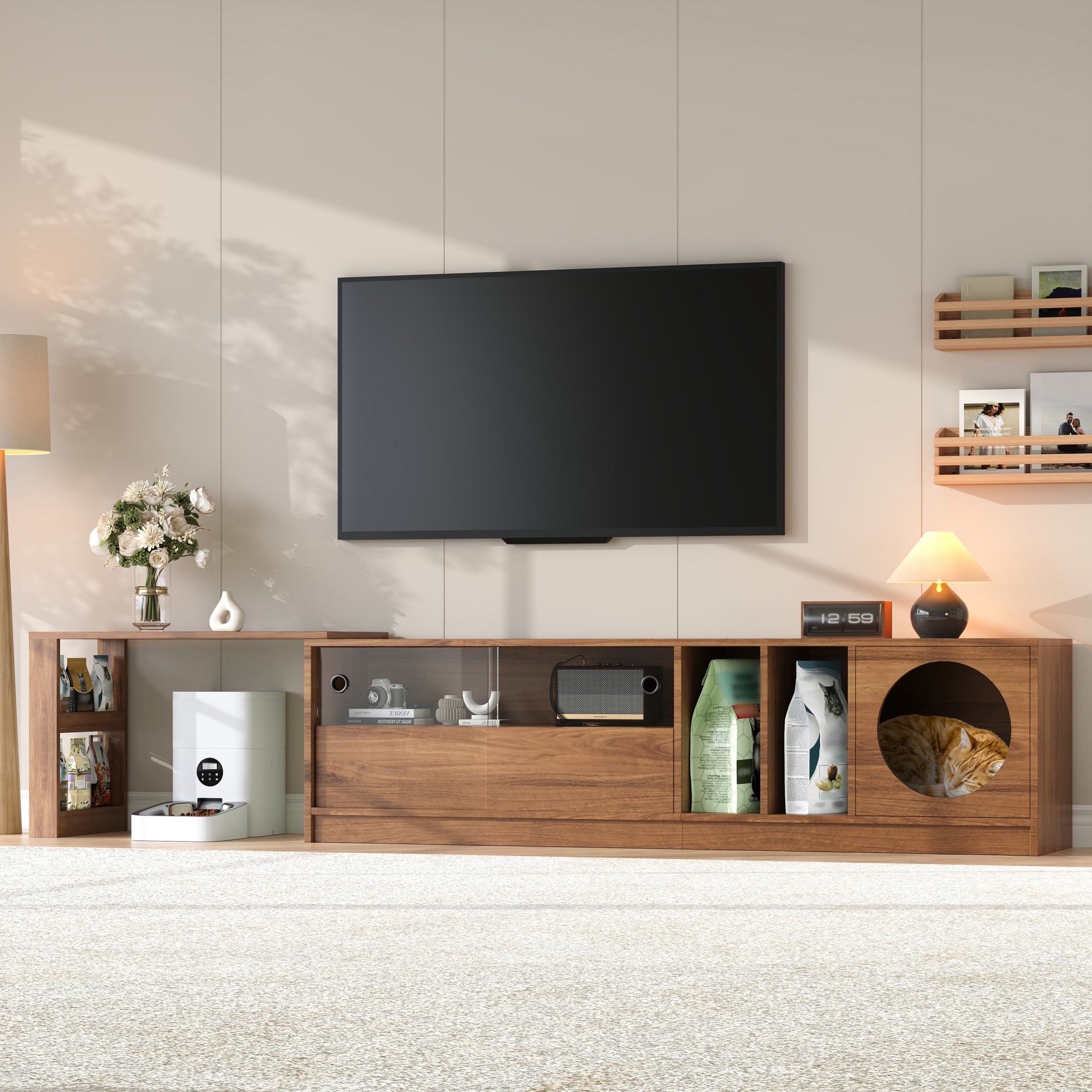 Modern Rotating TV Cabinet Extendable Pet-Friendly Glass Doors 180(+80)x40x50 cm - Walnut