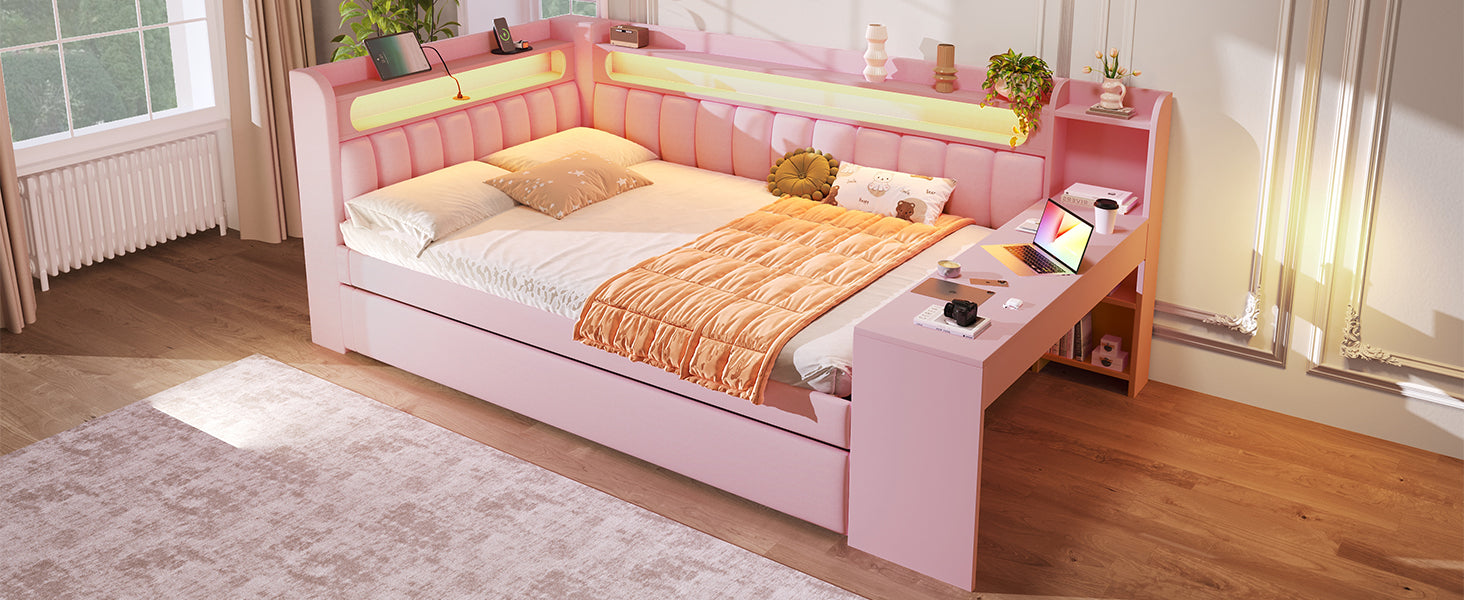 Upholstered Daybed with USB Ports, LED, Pull-out Bed and Desk, 140x200, Pink