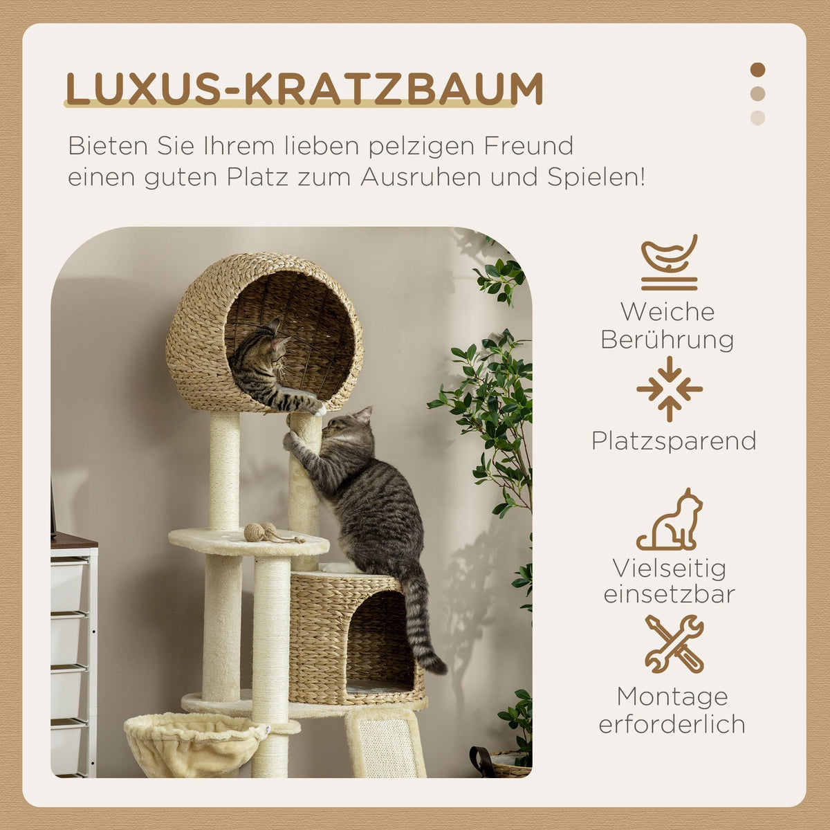 Cat Tree Rattan Cat House, Multiple Platforms, Hammock, Ramp, Anti-tip, Plush Beige