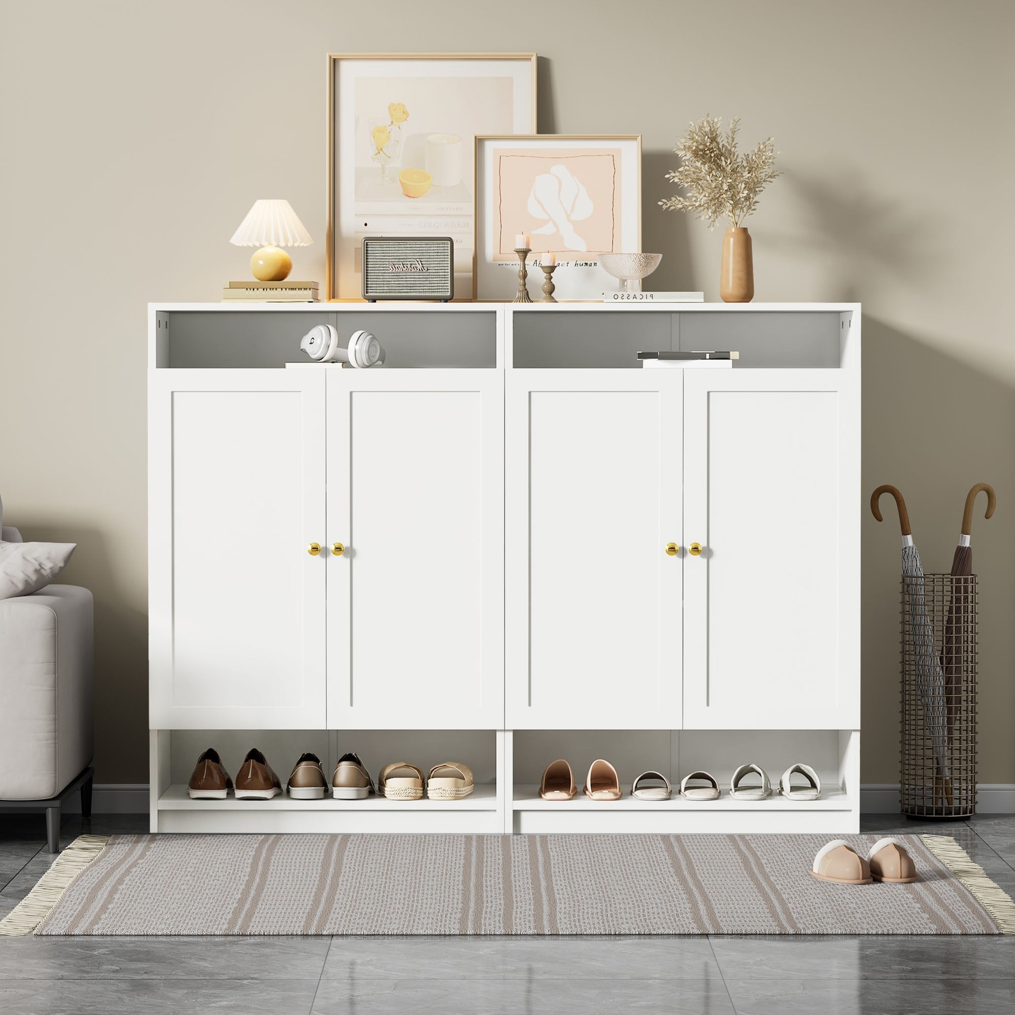Modern Shoe Cabinet with Adjustable Shelves, Golden Handles, White