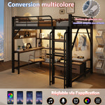 Loft Bed 140x200cm with Desk, LED Light & Shelves, Black Iron