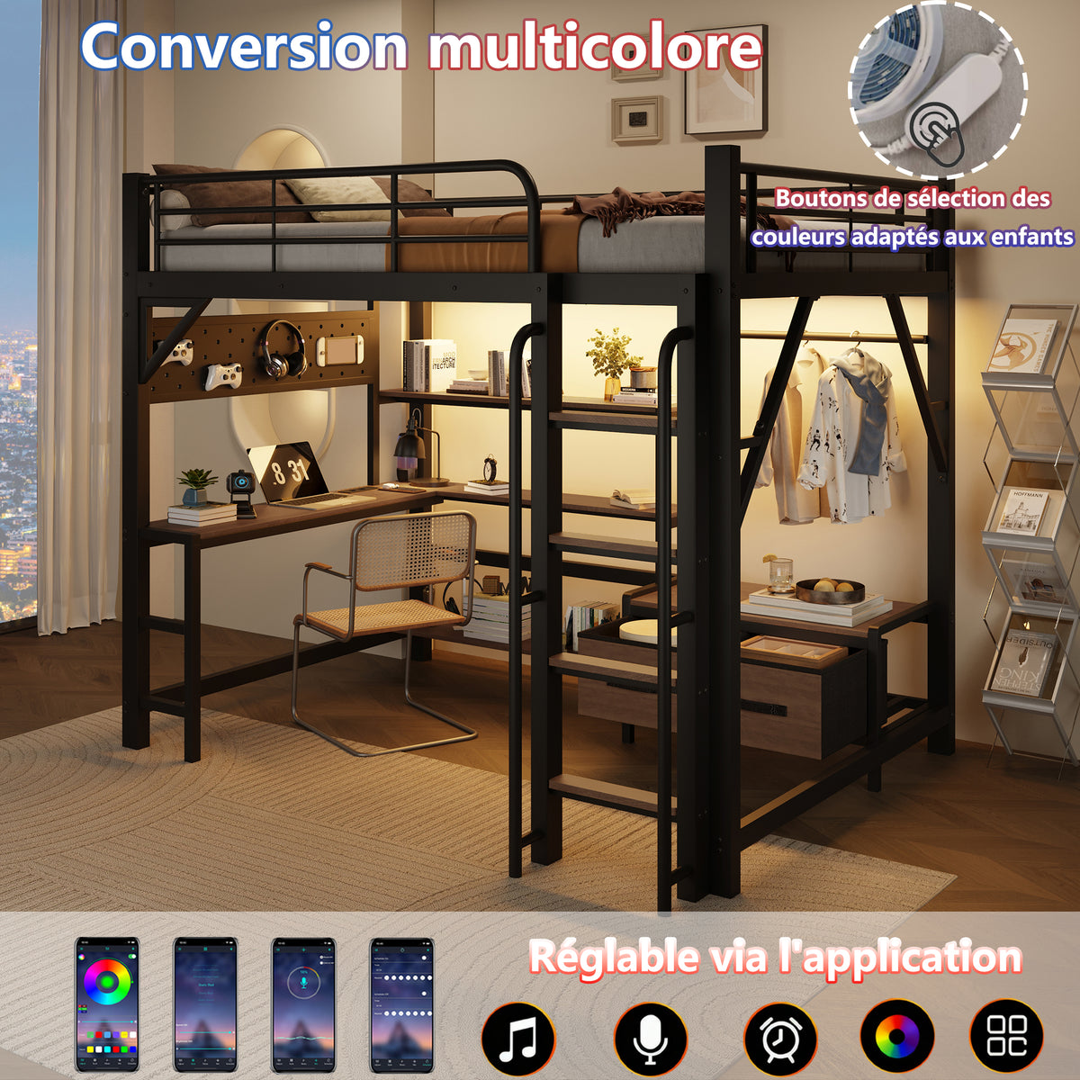 Loft Bed 140x200cm with Desk, LED Light & Shelves, Black Iron