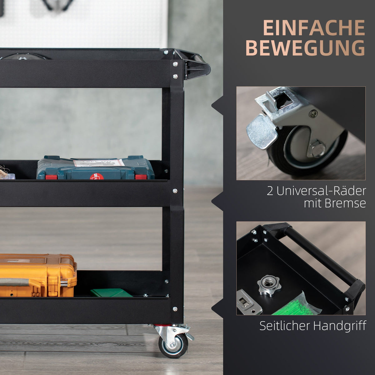 DURHAND Workshop Trolley, 3 Shelves, 150 kg, Black Steel