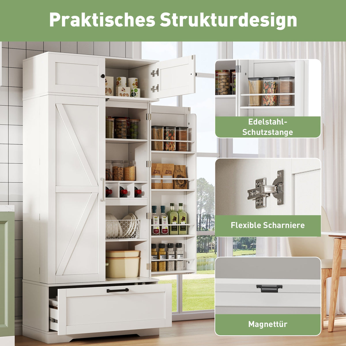Kitchen Storage Cabinet 80x40x180cm Freestanding with Wine Rack & Adjustable Shelves, Industrial Style