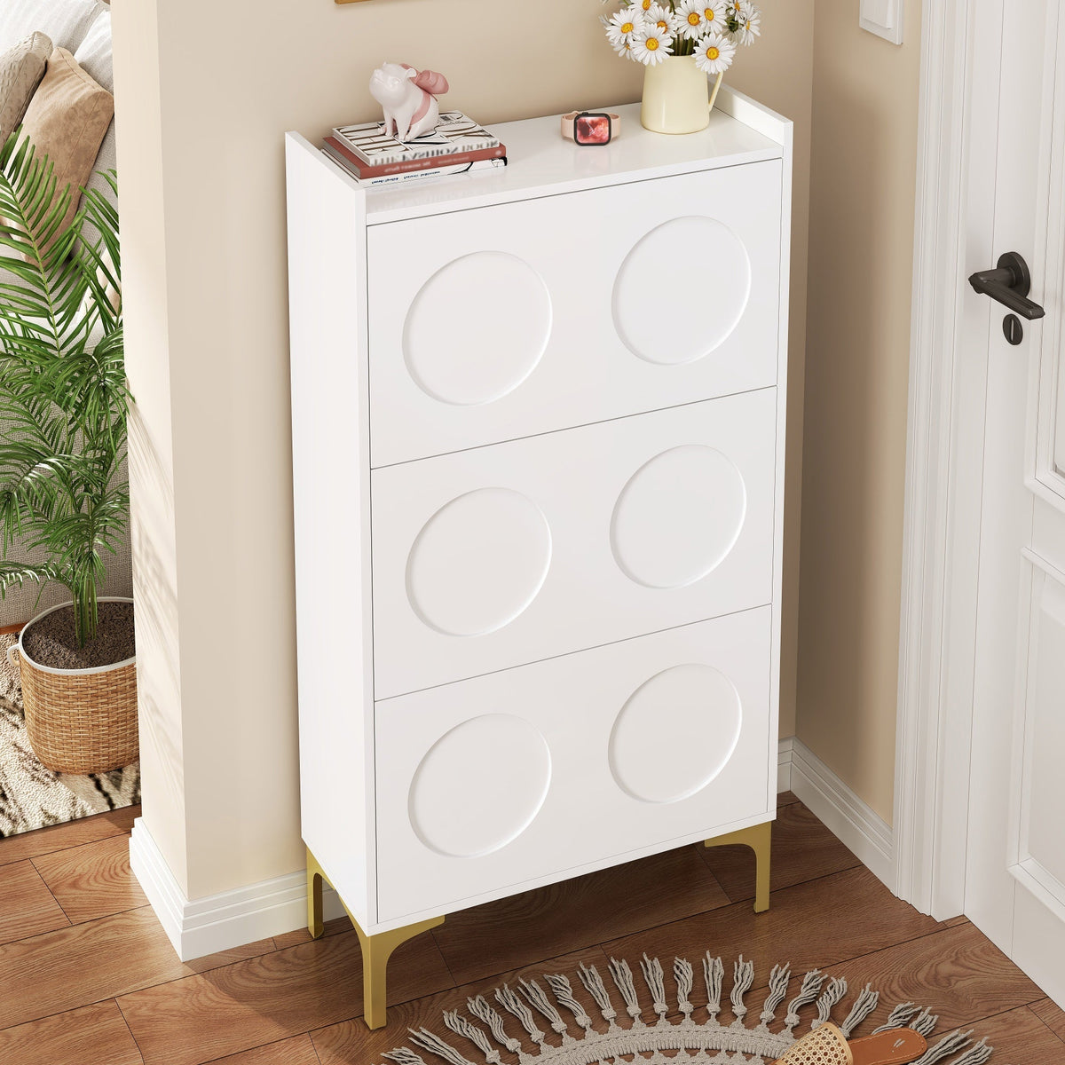 Modern Shoe Cabinet, 3-Tier Storage Metal Feet Entryway, White