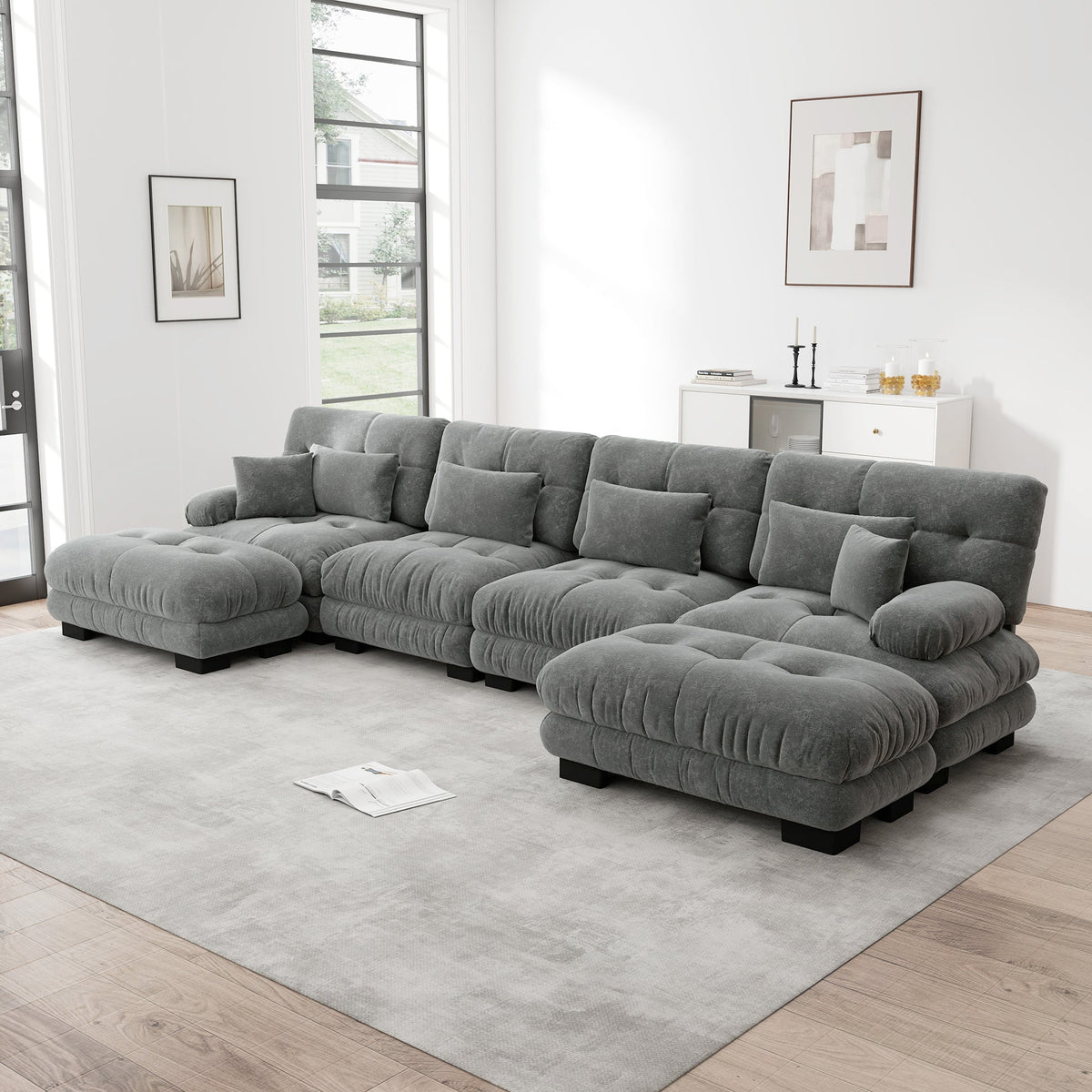 Modular Corner Sofa U-Shaped 4-Seater Movable Ottoman Chenille Grey