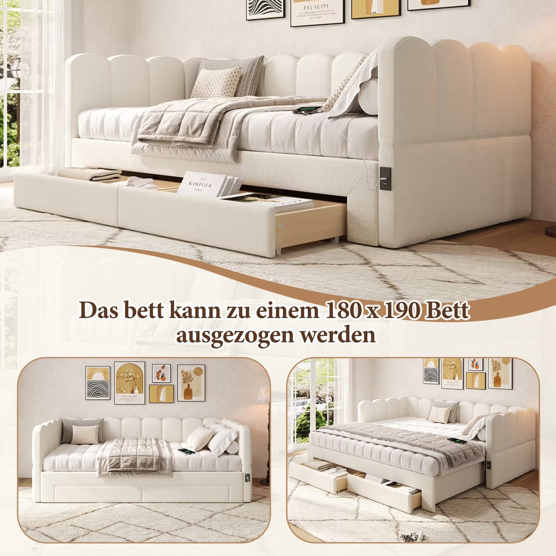 Upholstered Daybed with 2 Storage Drawers and USB Port, Beige Linen