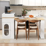 Kitchen Island with Wheels, Extendable Folding Tabletop, Power Strips & Hooks - White