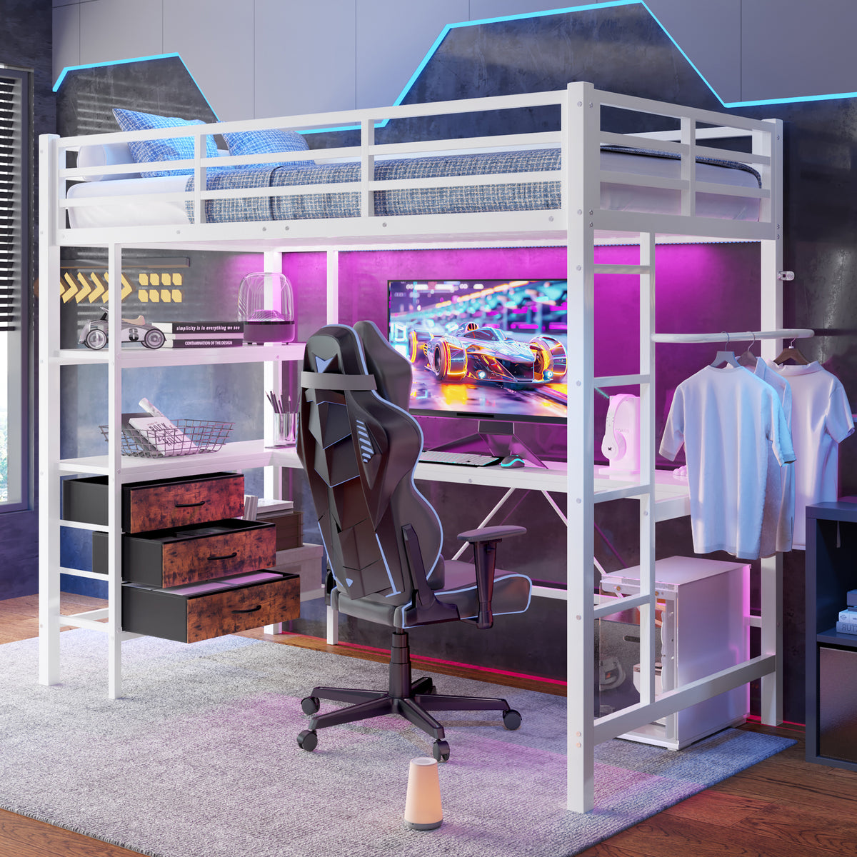 Loft Bed 90x200cm with Desk, LED Lights & Drawers, White
