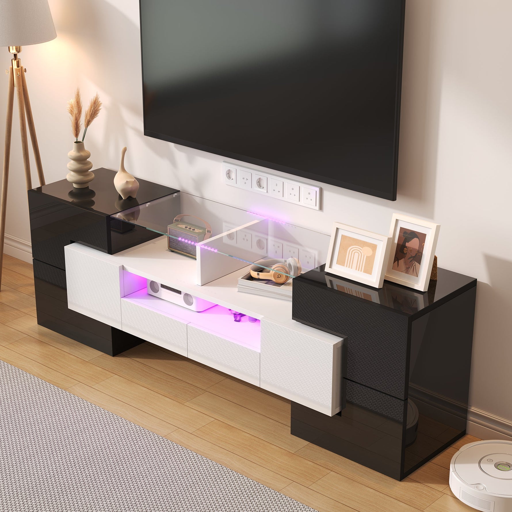 Stylish TV Cabinet Lowboard 145cm LED High-Gloss White