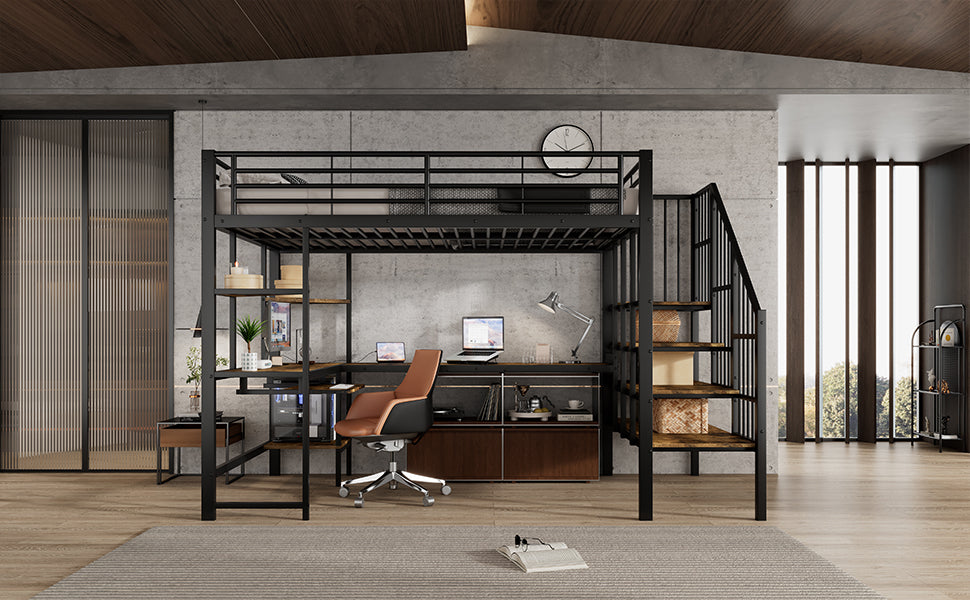 Iron Loft Bed with Desk & Storage, 120x200cm, Black Iron + MDF