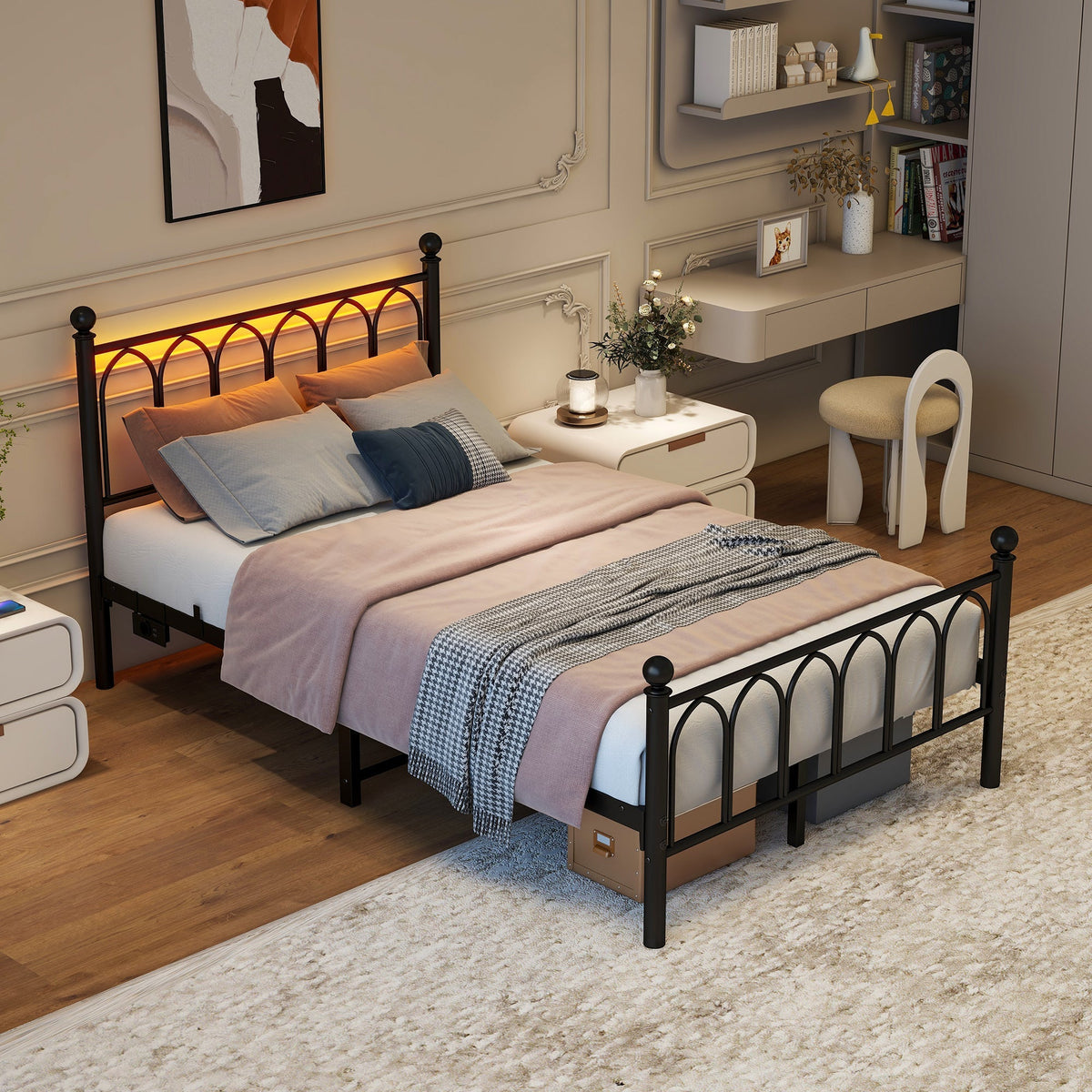 Metal Bed Frame with Vintage Headboard, Footboard, USB & LED, Black