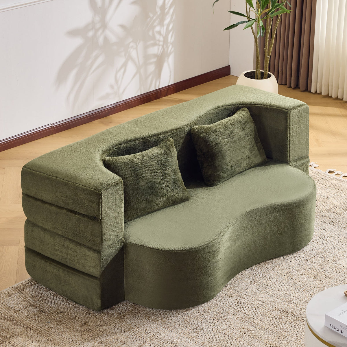 Large Dual-Purpose Futon Sleeper Sofa, Assembly-Free and Foldable Floor-Standing Couch, Green