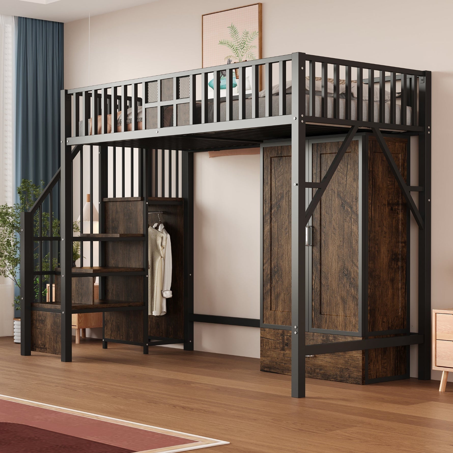 Metal Loft Bed 90x200cm Wardrobe Drawers Storage Ladder - Black