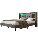 Upholstered Double Bed Frame with Storage Headboard, USB & LED, Grey