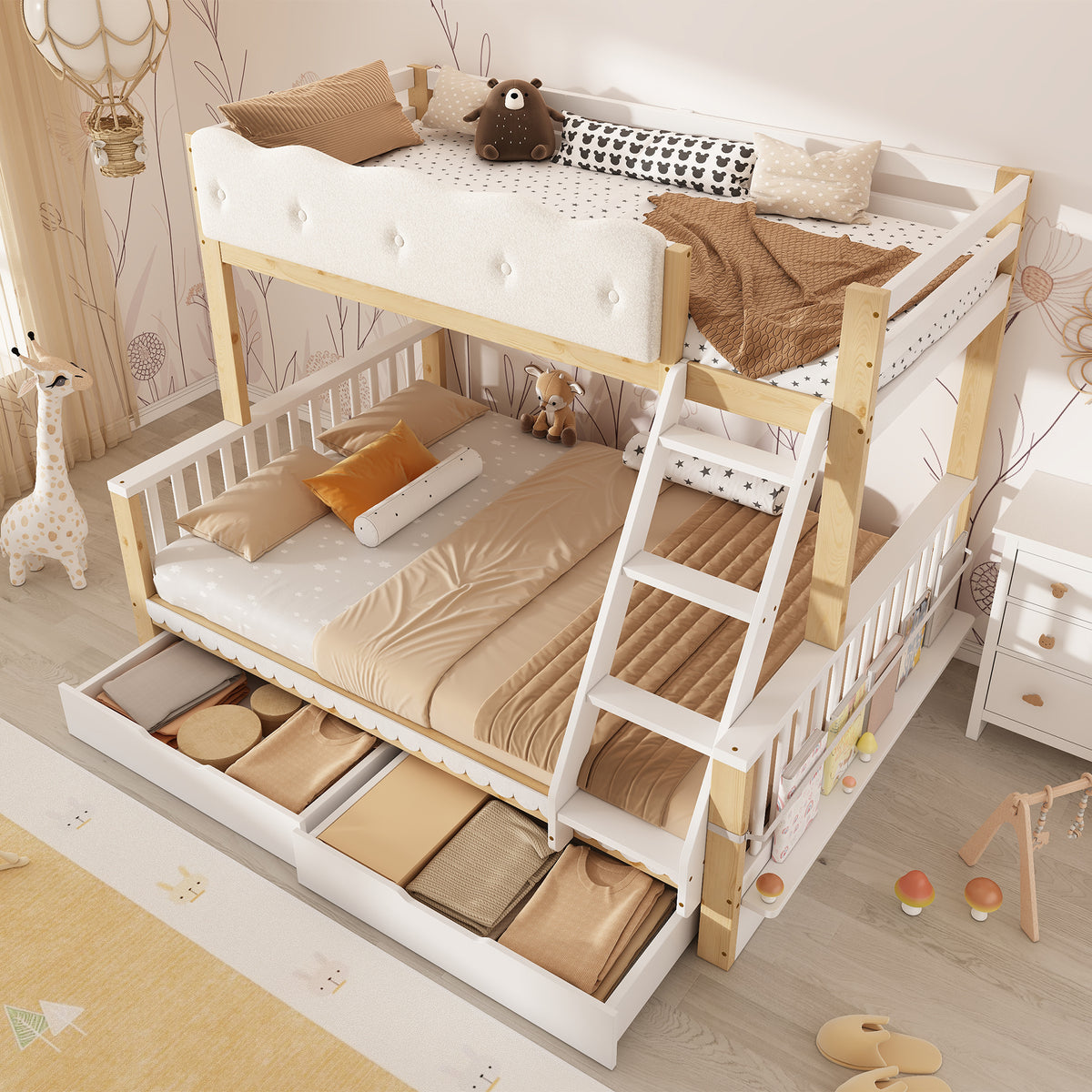 Children's Bunk Bed 90x200/140x200 with Drawers, White & Oak
