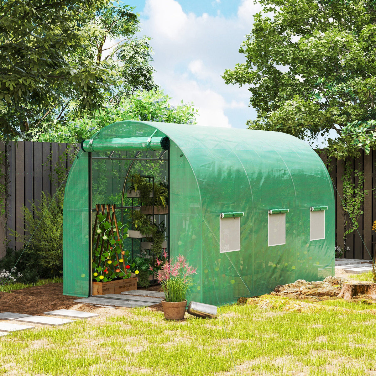Greenhouse 3x2x2m Polytunnel with 6 Windows, Roll-Up Door, UV-Resistant, Green