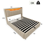 Upholstered Storage Bed 140x200 cm with LED & USB, Beige Linen