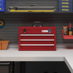 DURHAND empty tool case with 3 drawers and upper storage compartment, steel, red