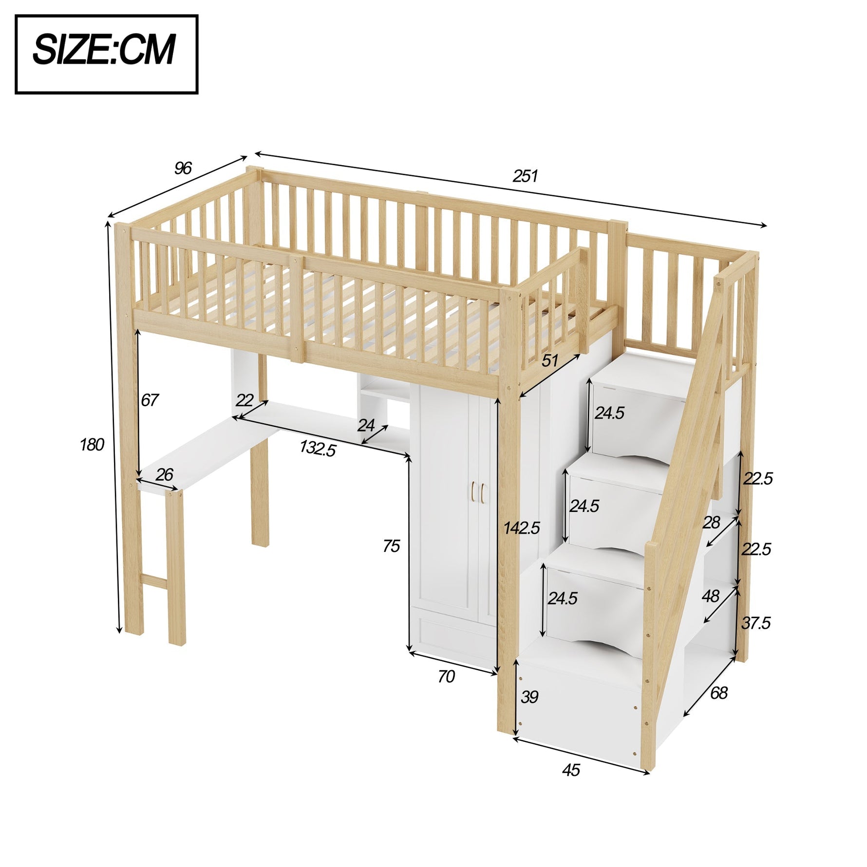 Loft Bed, 90x200 Wardrobe, Shelf, Table, Storage Stairs, Wooden