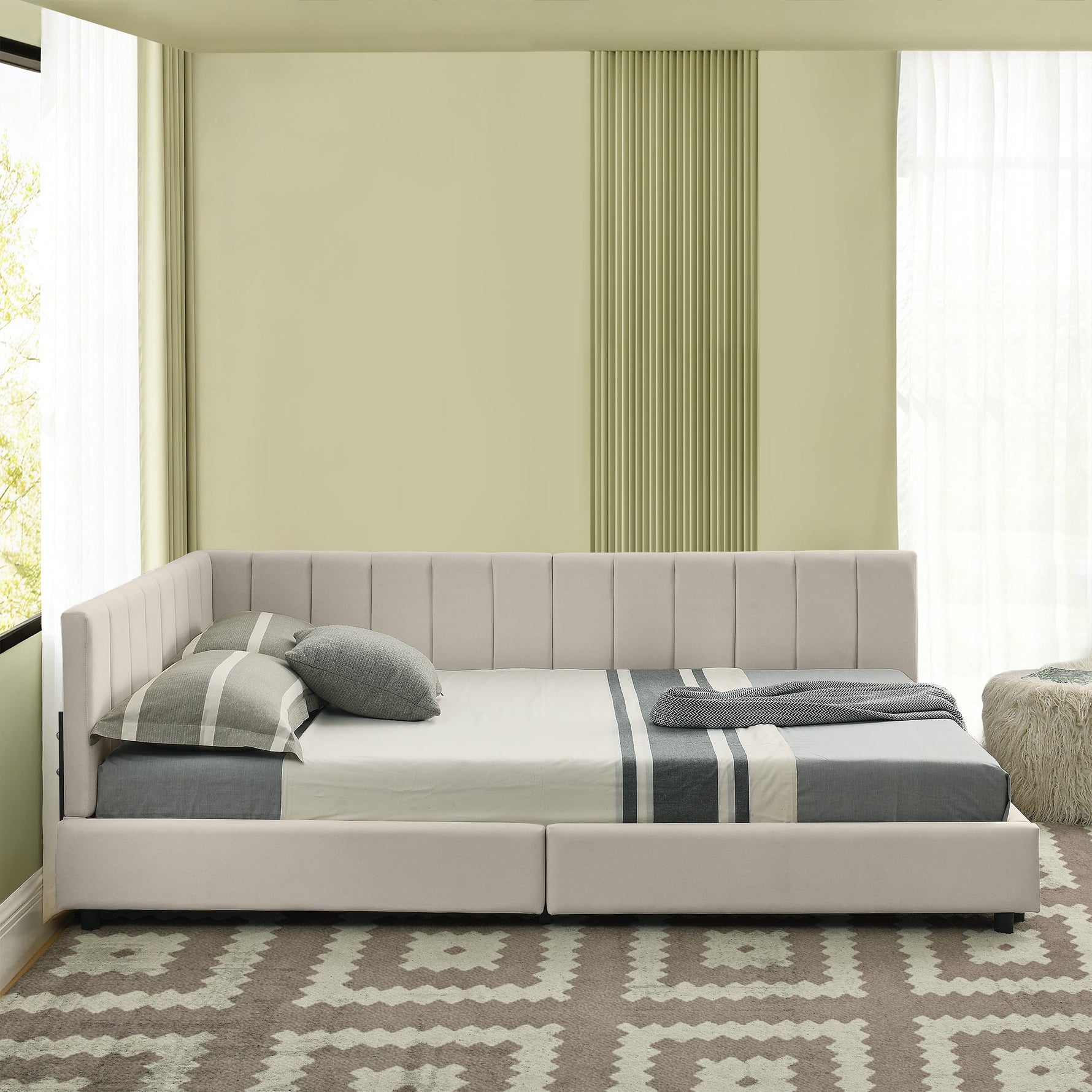 Double Bed 140x200cm High Backrest, Velvet Beige