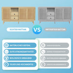 Sideboard, 3 Sliding Real Rattan Doors & 2 Drawers, Wood Color
