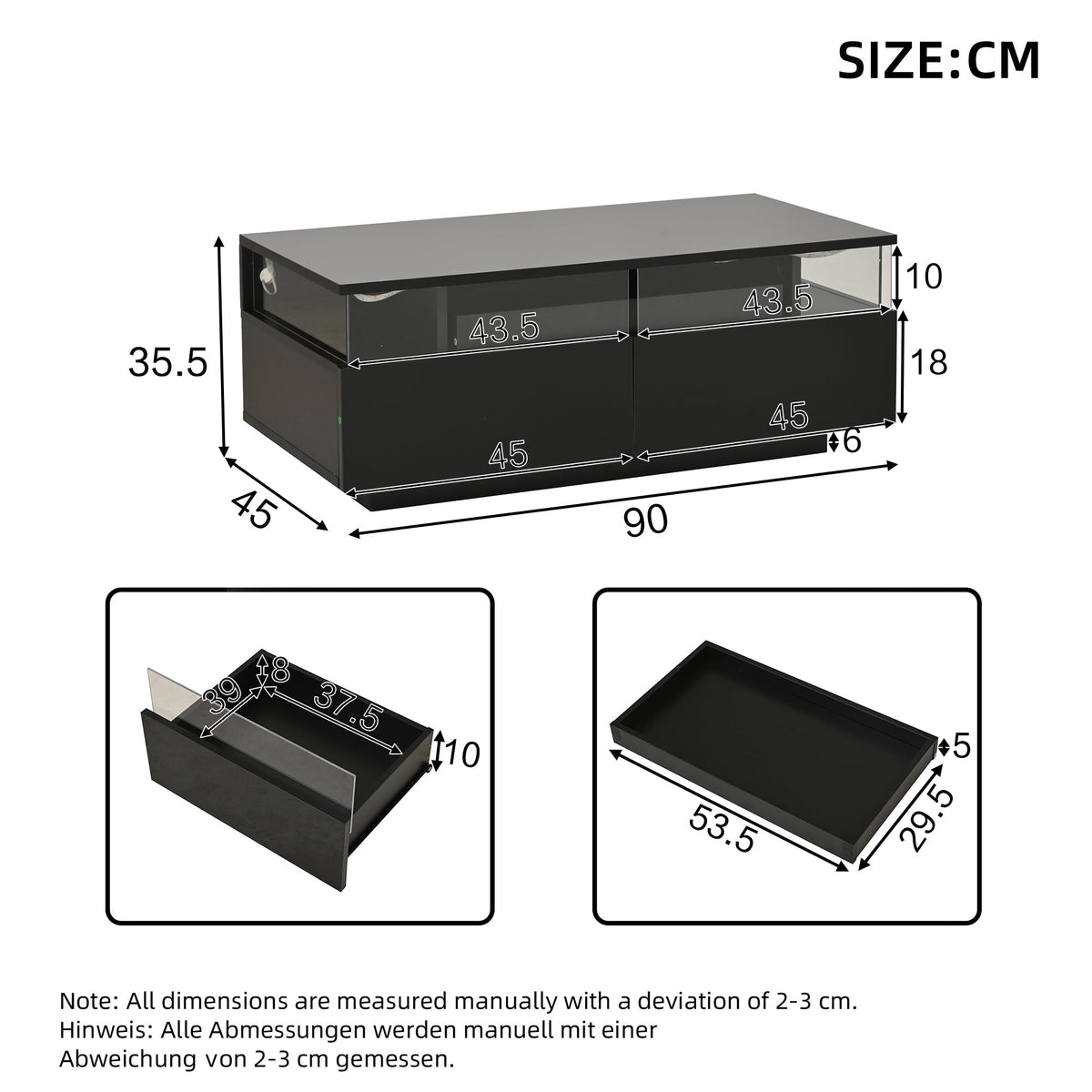 Coffee Table with Tray, High-Gloss, 2 Drawers, Tempered Glass, LED Light, Black