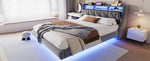 Upholstered Bed 180x200 cm, Fold-Down Headboard with Socket Storage & LED Lighting, Floating Design, Velvet Grey