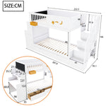 Bunk Bed with Storage Drawers, Safety Stairs, Desk and Star Motif, 90x200cm Solid Pine Wood, White
