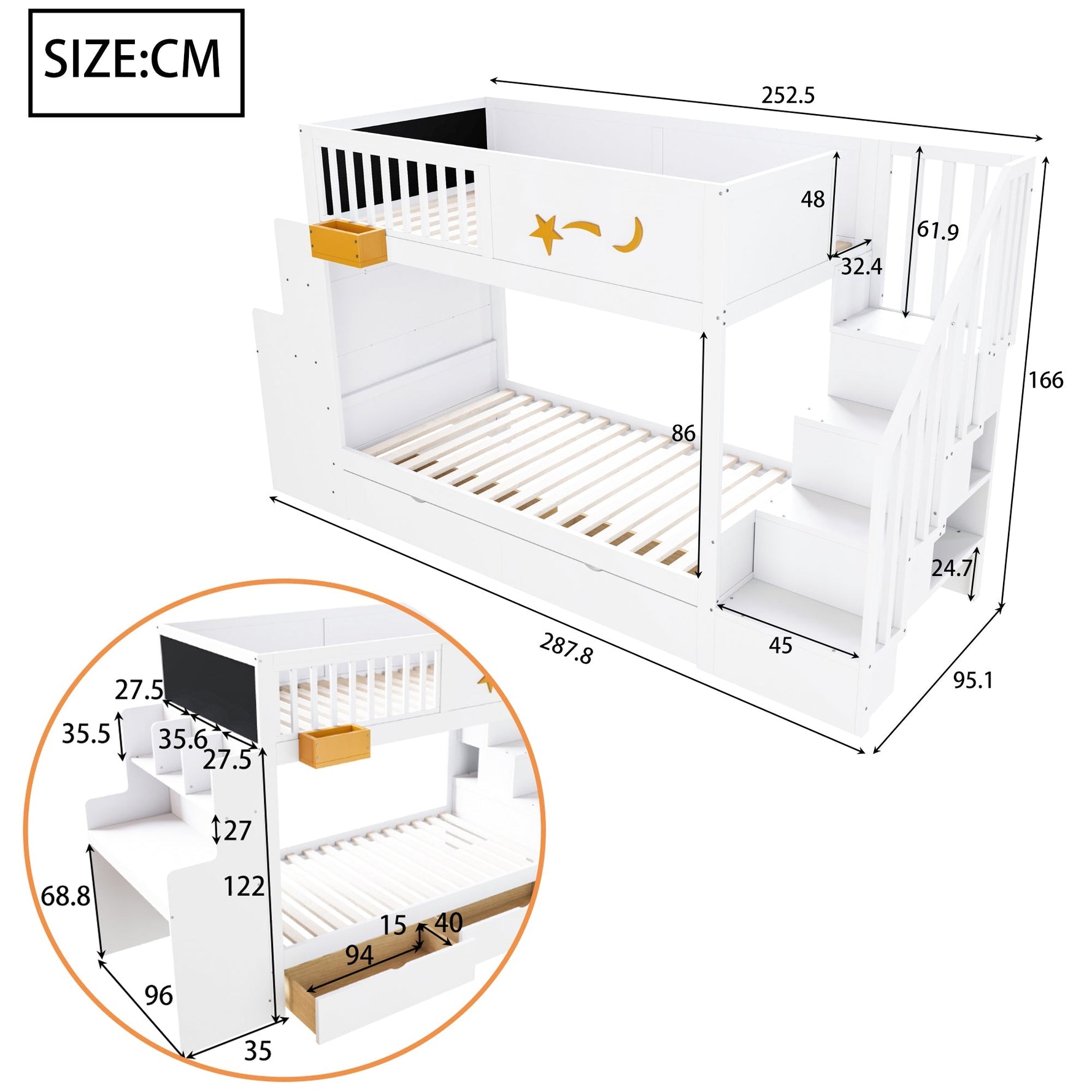Bunk Bed with Storage Drawers, Safety Stairs, Desk and Star Motif, 90x200cm Solid Pine Wood, White