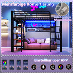 Loft Bed with Storage Shelves, Clothes Rail and LED Light Strip, Black Metal