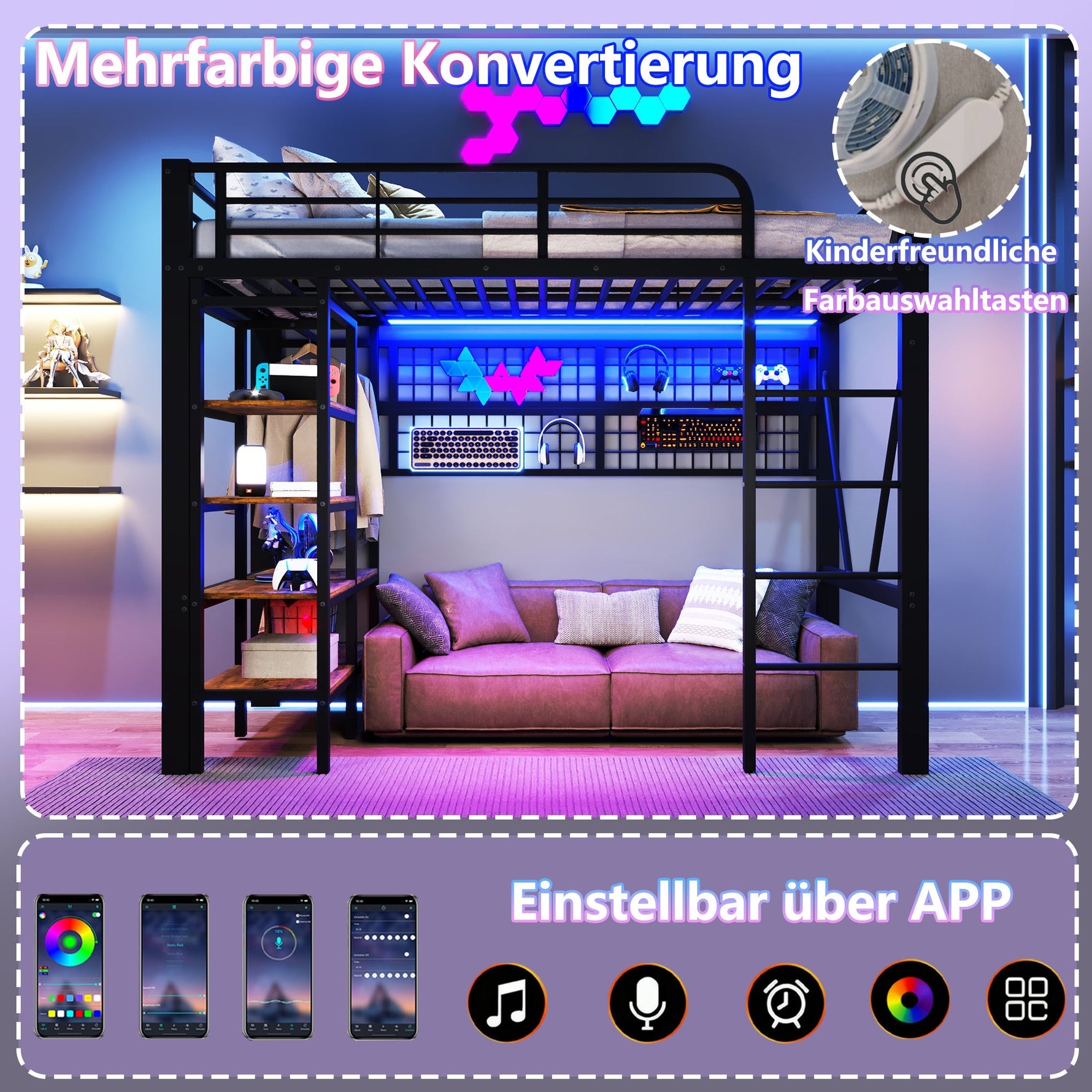 Loft Bed with Storage Shelves, Clothes Rail and LED Light Strip, Black Metal