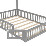 Children's Upholstered Bed with Chimney Shape and Slatted Base, 140x190cm, Grey Pine Wood